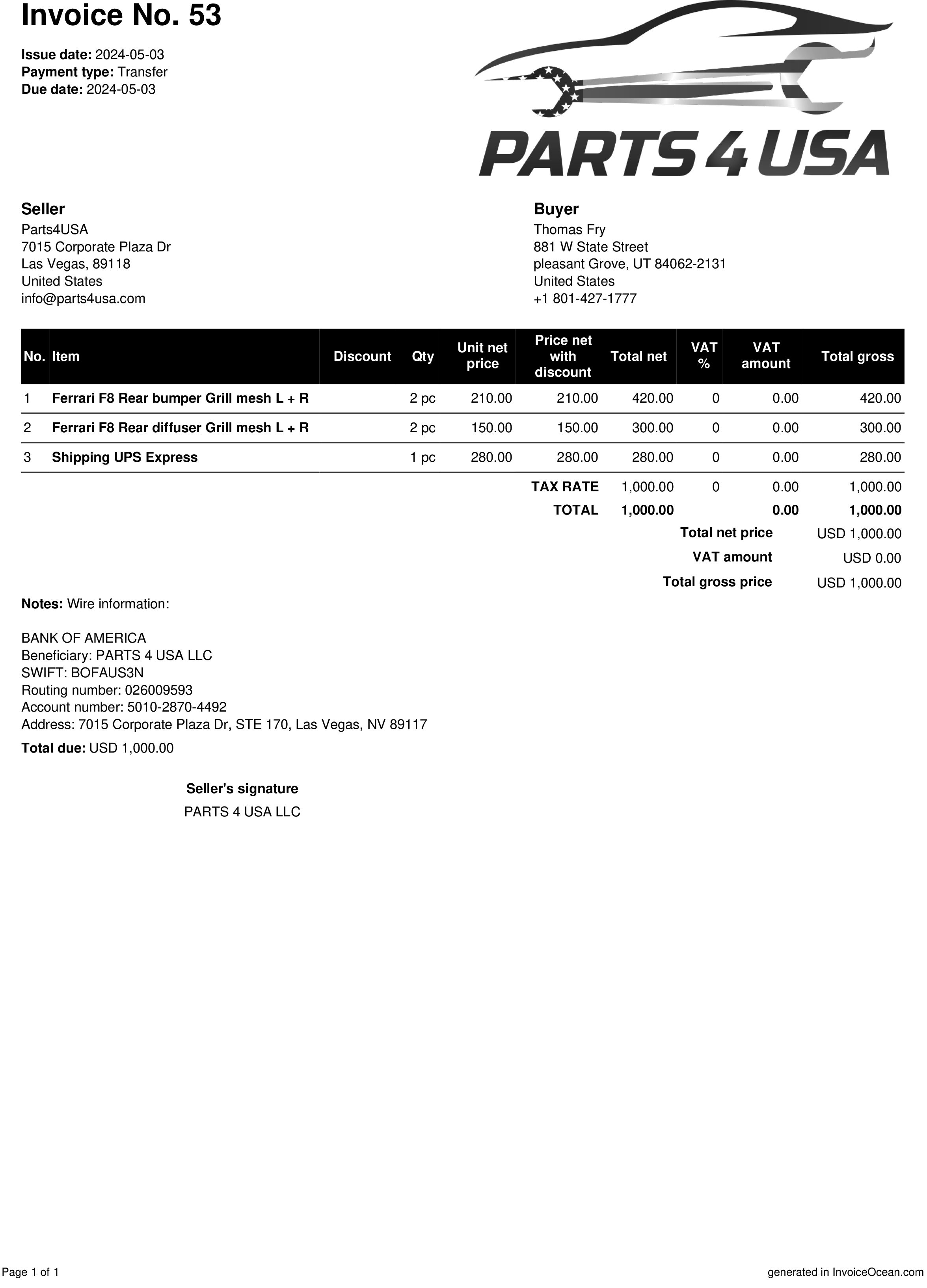 Ferrari F8 invoice number 53 and 55